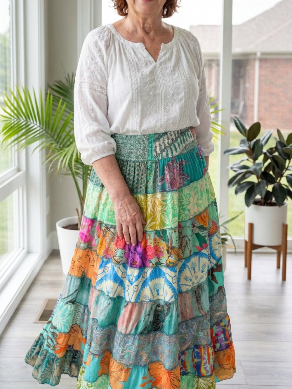 Karma Highway One Size Plus Size Patchwork Boho Maxi Skirt in Teal & Blue